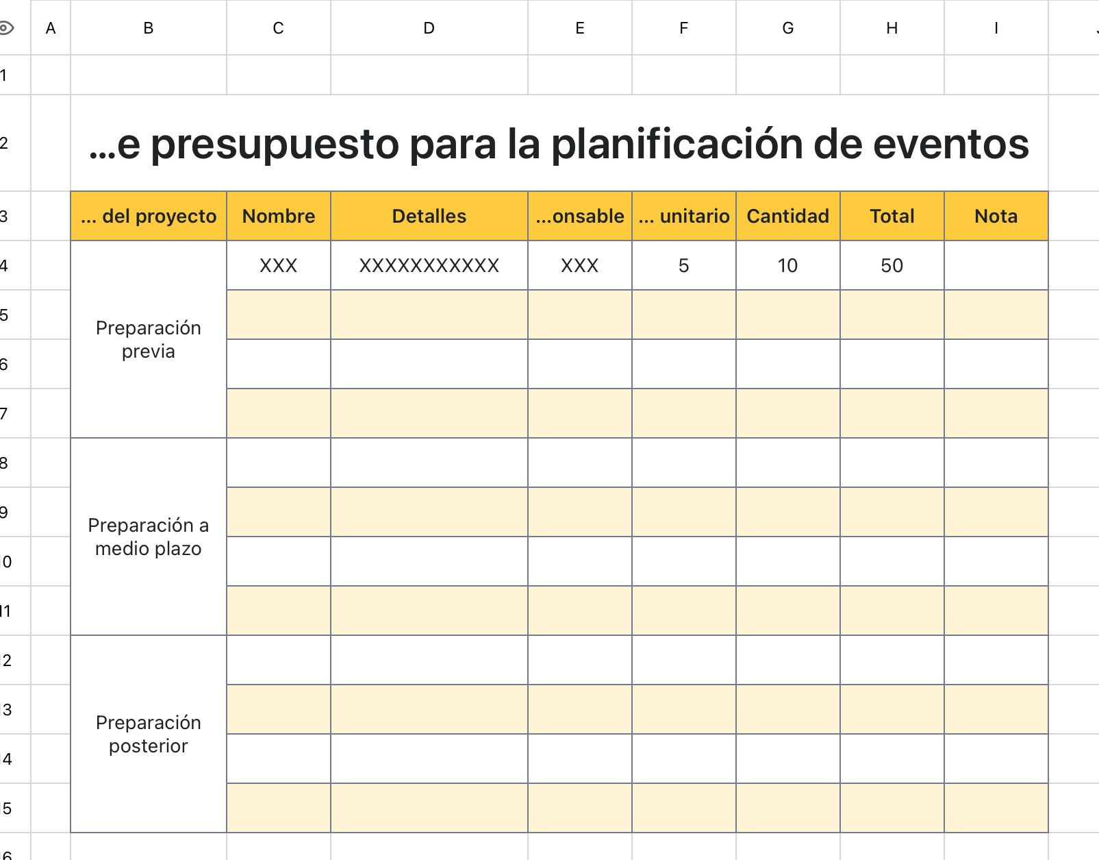 Formulario de presupuesto para la planificación de eventos